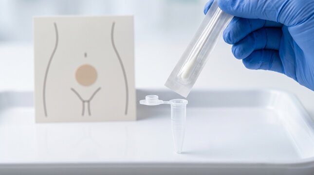 Healthcare worker preparing a sterile vaginal swab and specimen tube for STI testing, gynecological infection screening and laboratory analysis