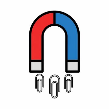 A red and blue horseshoe shaped magnet pulling three silver metal paper clips towards poles as a symbol of scientific attraction forces representing magnetic power in school physics education