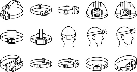 Black and white line art icons of headlamp gear, including headlamps on helmets and headbands © pixraw