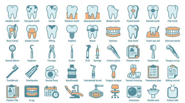 Comprehensive dental care and dentistry tool icons.