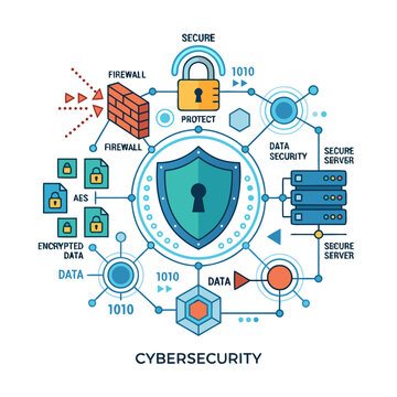 Cybersecurity technology infographic concept with security shield, firewall brick wall, padlock, and encrypted data elements, isolated flat vector illustration.