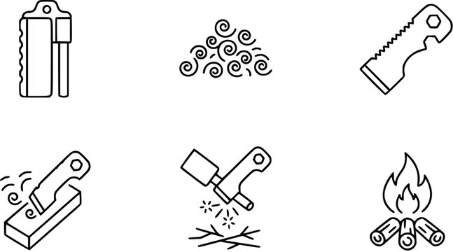 Outdoor survival bushcraft fire starting line art icons set with ferro rod, saw, tinder, and campfire symbols, perfect for camping and wilderness adventure projects.