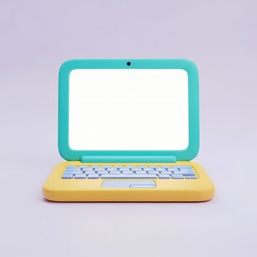 A colorful small computer designed for children to facilitate playful learning and digital literacy development through interactive software applications displayed on the screen for young