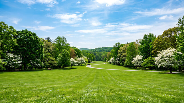 Green field with trees and white flowers under blue sky with clouds