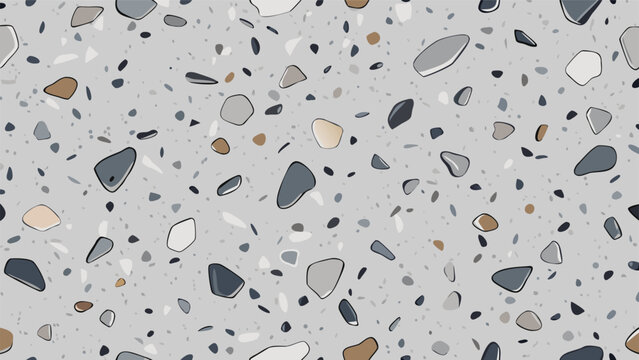 Seamless Light Gray Terrazzo Stone Texture with Grey Marble Chips, Polished Concrete Surface for Architectural Interior Design Background