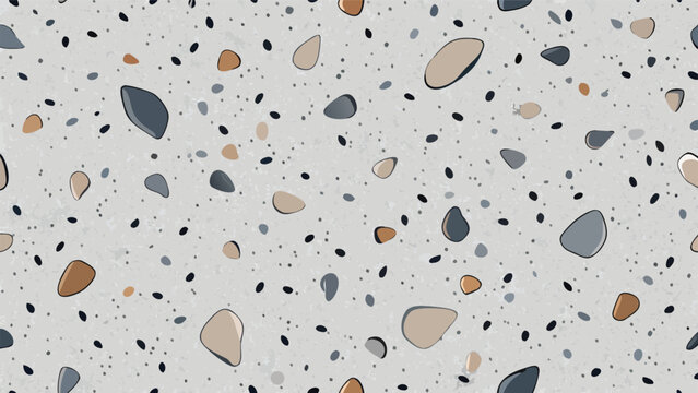 Seamless Light Gray Terrazzo Stone Texture with Grey Marble Chips, Polished Concrete Surface for Architectural Interior Design Background