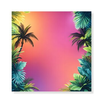 tropical palm leaves frame on pink gradient background