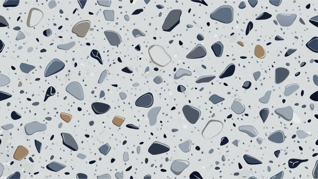 Seamless Light Gray Terrazzo Stone Texture with Grey Marble Chips, Polished Concrete Surface for Architectural Interior Design Background
