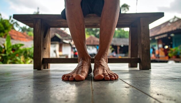 Bare feet standing on a cool tiled floor in a traditional Indonesian warung, showcasing local small business culture and relaxed lifestyle in a tro...