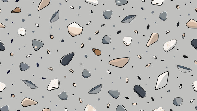 Seamless Light Gray Terrazzo Stone Texture with Grey Marble Chips, Polished Concrete Surface for Architectural Interior Design Background