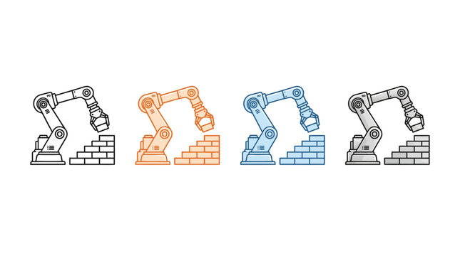 Industrial robotic arms building brick wall sequence.