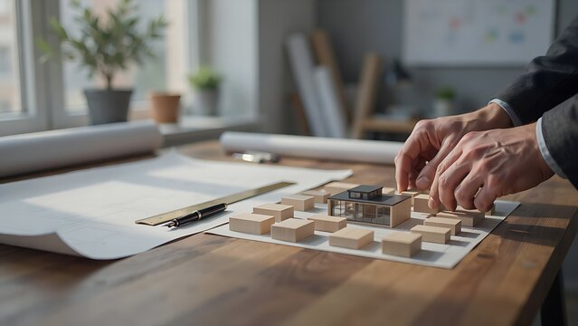 Person working on architectural model on wooden table with blueprints and pencils  designing building structure