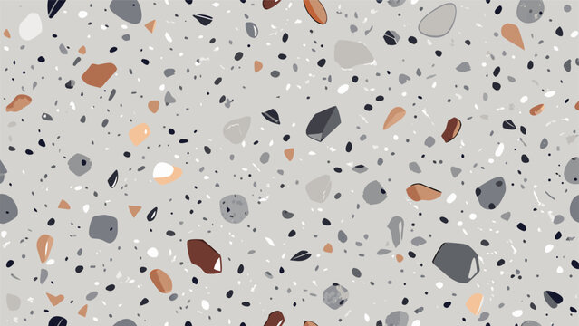 Seamless Light Gray Terrazzo Stone Texture with Grey Marble Chips, Polished Concrete Surface for Architectural Interior Design Background