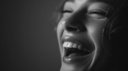 Fototapeta premium Close-up of a joyful woman laughing with her eyes closed black and white photograph capturing