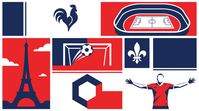 Vibrant collage of soccer symbols and Parisian landmarks in red blue and white hues