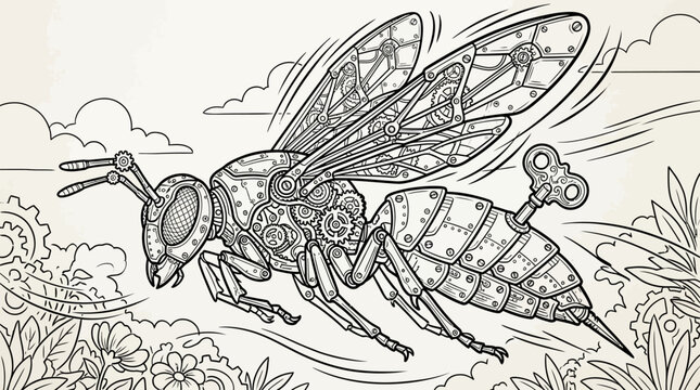 Steampunk bee flying over landscape line art.