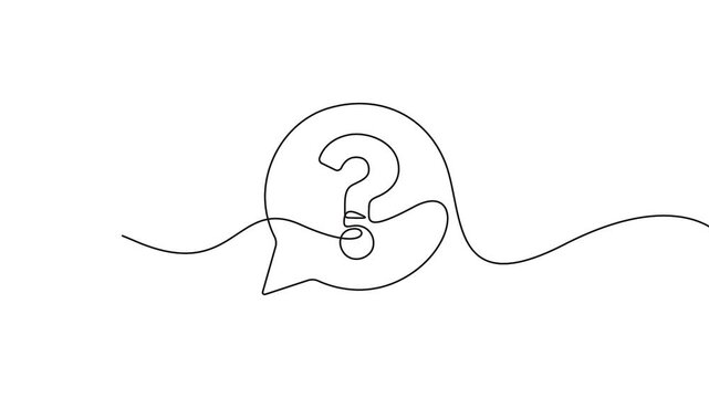 Question mark continuous line art animation showing a speech bubble. Minimalist continuous line art animation of a question mark inside a speech bubble, isolated on white.