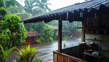 Fototapeta premium Heavy Rain Falling on a Traditional Indonesian Warung Corrugated Roof in a Tropical Village Setting with Lush Greenery and Small Business Atmosphere