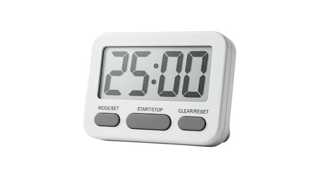 Digital kitchen timer showing twenty five minutes countdown.