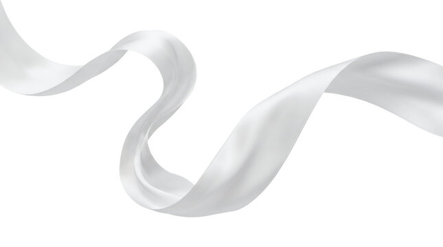 Elegant flowing white silk fabric ribbon isolated on white background.