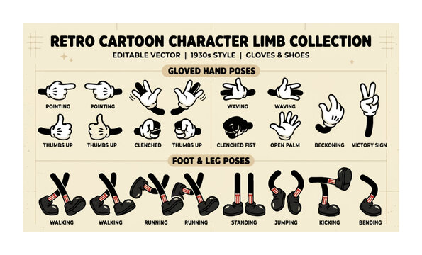 Retro Cartoon Character Limbs, Editable Vector Gloves, Shoes, Hand and Foot Poses