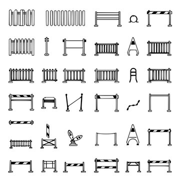 Barrier icon set with minimalist line art featuring fences, obstacles, railings, and caution tape with construction barriers