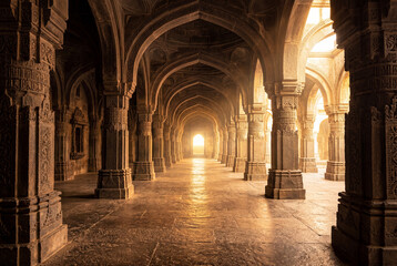 Obraz premium Processional pathway inside an ancient stone temple with tall pillars