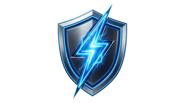 Metallic Shield With Glowing Blue Lightning Bolt Symbol Icon.