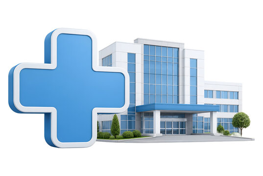 Modern hospital building with large blue medical cross icon 3d illustration.