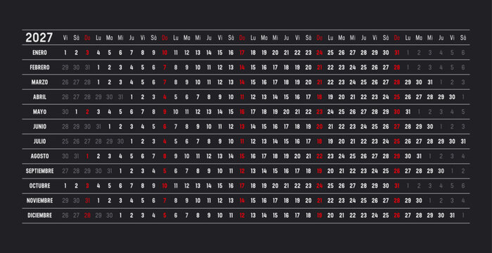 2027 Spanish calendar, linear and horizontal timeline planner on dark background, one page vector template, Spain
