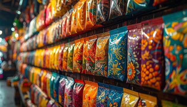 Colorful sachet wall display in a traditional Indonesian warung showcasing vibrant local culture and small business entrepreneurship with intricate...