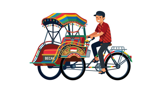 Man rides a colorful traditional Indonesian Becak bicycle rickshaw.