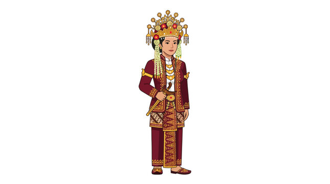 Traditional Javanese ceremonial attire with kris illustration.
