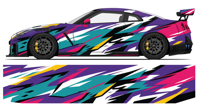Colorful sports car with dynamic abstract paint design.