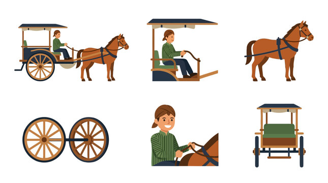 Vector illustration set of traditional horse-drawn carriage elements