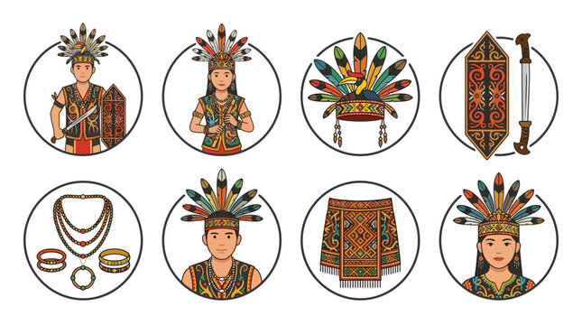 Dayak cultural icons and traditional fashion illustration set.