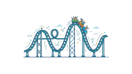 Exciting roller coaster ride with people enjoying the thrill and speed on a sunny day at an amusement park. © willian jack
