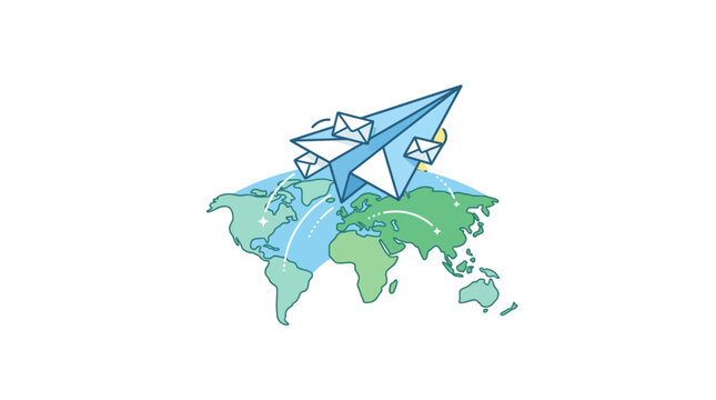Paper airplane carrying envelopes flying over a stylized world map, symbolizing global communication and mail delivery.