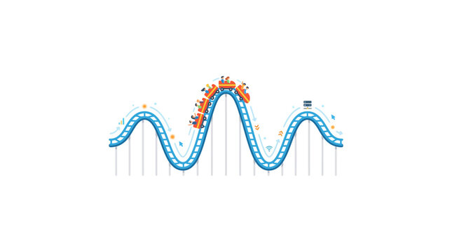 A thrilling roller coaster ride with an orange train going up and down on a blue track.
