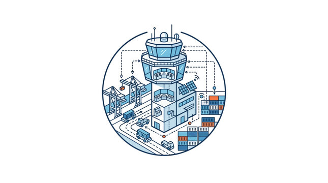 Circular logistics hub icon featuring control tower and shipping port.