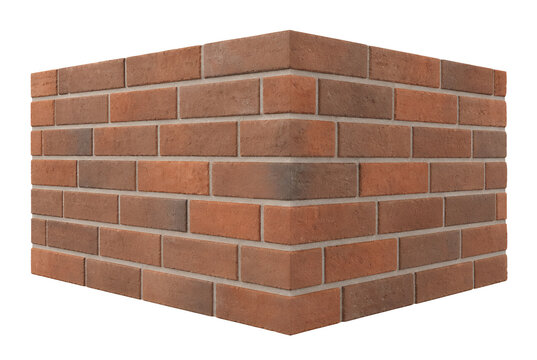 Red brick wall corner section isolated on white background.