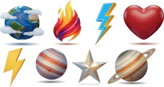 Set of colorful 3d icons featuring planets fire lightning heart and star