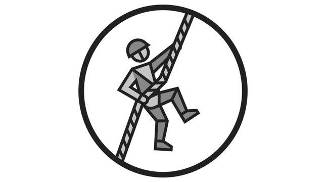 Circular logo of person rappelling down rope.