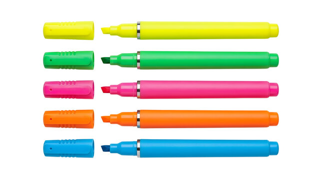 Set of vibrant neon highlighter pens for office and school supplies.