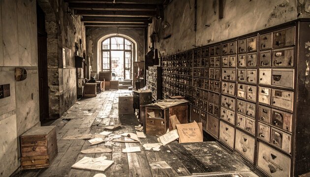 Abandoned hallway with rows of vintage filing cabinets, scattered papers, and a large arched window creating dramatic light.