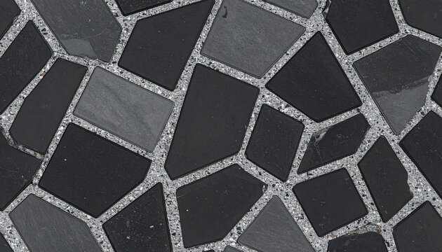 black flagstone paving with grey terrazzo grout pattern, modern charcoal slate paving with speckled concrete joints.