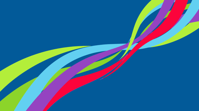 Vibrant colorful swirling ribbons dance across a plain blue background
