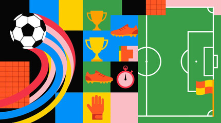 Vibrant soccer field illustration with floating ball and sports symbols in motion © Fendi