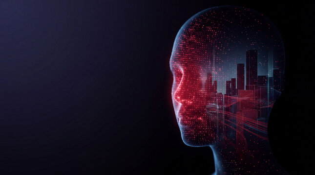 Artificial intelligence identity concept with digital face profile and red city data