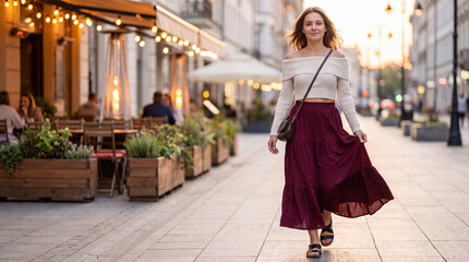 Fototapeta premium Evening cafe terrace fashion with woman in cream top and burgundy maxi skirt walking